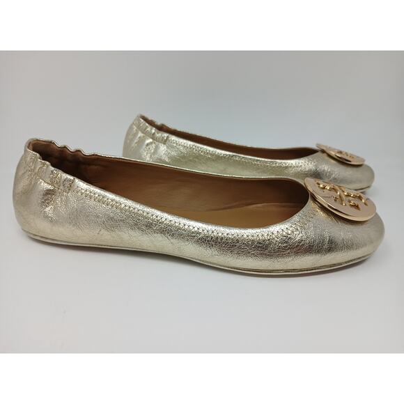 Tory Burch Minnie Travel Ballet With Logo Spark Gold Shoes Women’s Sz 10.5 New - Picture 9 of 16